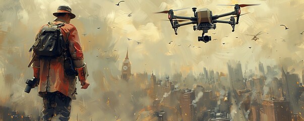 A man in 1950s fashion using a modern drone, blending old style with new technology, Steampunk, Sepia and metallic tones, Digital painting, Highlighting technological integration