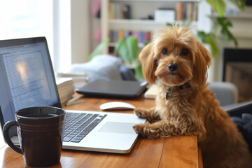  A small dog sits comfortably on a desk beside a laptop and coffee cup, capturing a perfect blend of work and relaxation. Generative AI.