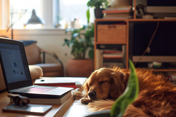 A dog is lying on a table in front of a laptop on a desk, merging comfort with productivity. Generative AI.