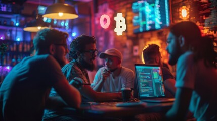Fototapeta premium A group of people sitting around a table in a bar, looking at a laptop. The bar is dimly lit and there are neon lights on the walls.