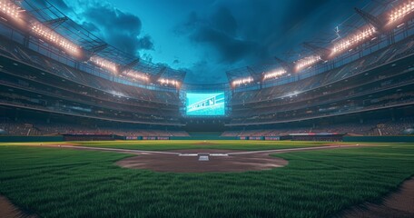 empty baseball pitch stadium. illuminated with light.