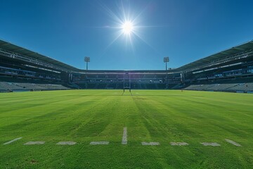 empty rugby football pitch in the stadium in sunny day.