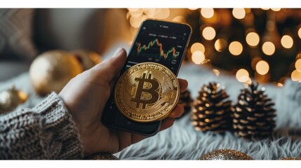 A hand holding a Bitcoin in front of a phone with a candlestick chart on the screen. There are Christmas lights and pine cones in the background.