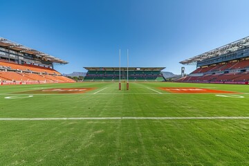 empty rugby football pitch in the stadium in sunny day.