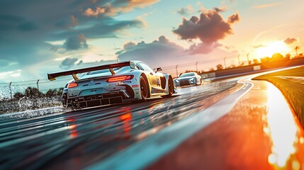 Super car racing on the circuit track while driving at high speed and accelerating at full power. copy space for text.