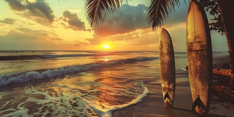 Vintage Beach Sunset Scene with Surfboards: Perfect for Decor. Concept Vintage Beach Decor, Surfboard Art, Sunset Vibe, Coastal Aesthetics, Retro Style
