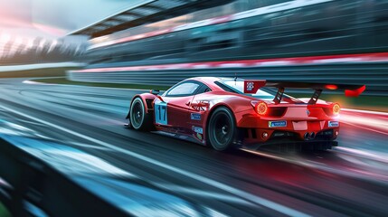 Super car racing on the circuit track while driving at high speed and accelerating at full power. copy space for text.