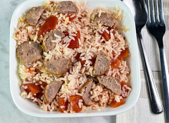 rice bowl  top with sausage