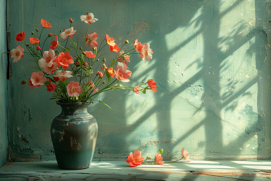 stilllife in front of a mint green wall a bit sunlight from the rigth side a few spring flowers in a vase on a table very realistic style --ar 3:2 --style raw --stylize 750
