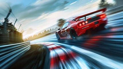 Super car racing on the circuit track while driving at high speed and accelerating at full power. copy space for text.