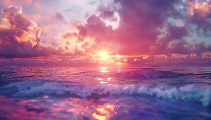 Fototapeta premium Stunning ocean sunset with vibrant colors and dramatic clouds over the serene sea, capturing the beauty and tranquility of nature.