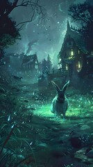 Fototapeta premium Enchanted Moonlit Castle in Mystical Forest with Glowing Rabbit