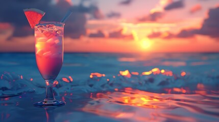 Refreshing cocktail with ice and a fruit garnish on a beach shore at sunset, waves gently touching the glass, vibrant colors in the sky.