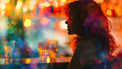 Silhouette of a woman in a vibrant bar setting with colorful bokeh lights. Artful and dreamy atmosphere with a touch of mystery.