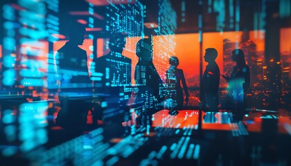 Obraz premium Silhouetted figures against a backdrop of digital data and cityscape, signifying technology and teamwork in a modern office setting.