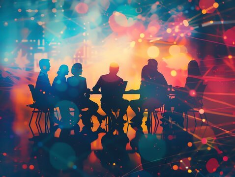 Silhouetted group of people having a meeting with vibrant, colorful light effects in the background, creating a dynamic atmosphere.