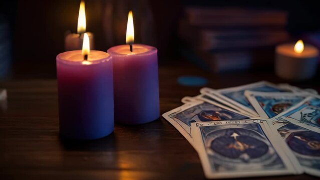 Tarot Card Reading With Candlelight. Mystic Fortune Divination. Spiritual Candlelight Atmosphere.