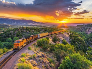 Include shots of trains passing through scenic landscapes. 