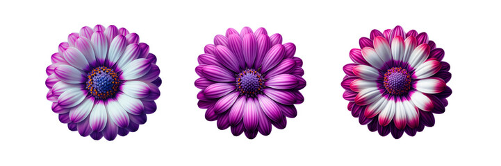 Obraz premium Set of Three beautiful daisies flower on top view, isolated over on transparent white background