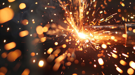 Naklejka premium A macro image of a welding torch creating sparks as it fuses metal pieces together, with the bright flare in focus.
