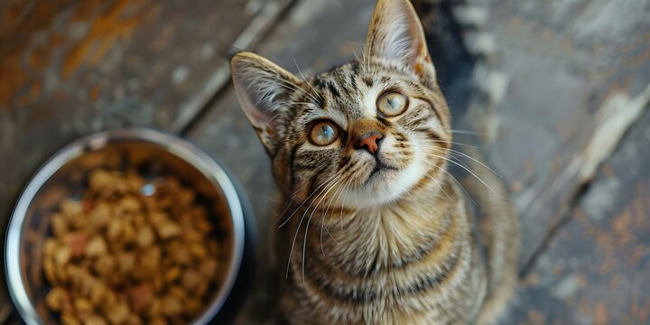 An expectant cat looks up hungrily next to its food bowl. Concept Pets, Animals, Expectant, Hungry