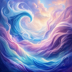 Obraz premium A vibrant digital artwork featuring a large, swirling wave with hues of blue and purple, set against a backdrop of a cloudy sky.