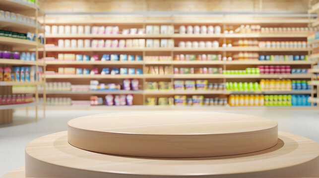 Podium for product, Wooden product display platform in a retail store aisle with shelves full of colorful products