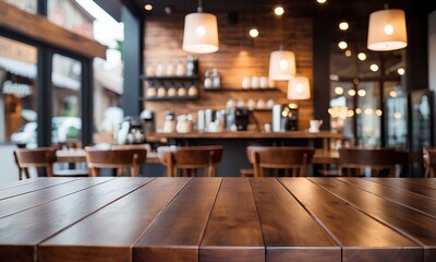Centered Wooden Tabletop with Coffee Shop Background Slightly Out of Focus





