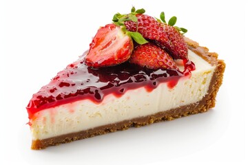 Strawberry cheesecake slice on white plate, beautifully garnished, embodies elegance and simplicity in dessert presentation