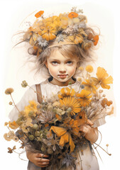 watercolor portrait girl with bouquet wildflowers, flowers in the hair, white background
