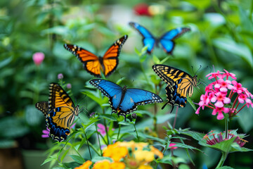 Butterflies in garden gracefully flutter among vibrant flowers and lush grass. Touch of natural beauty. Butterflies in meadow in nature in summer, in spring. Picturesque colorful artistic image.