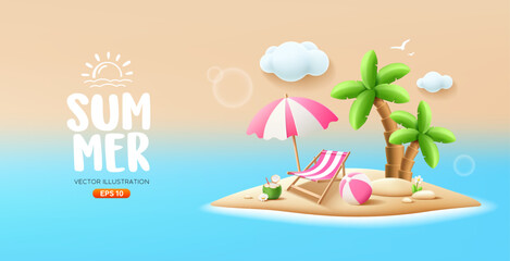 Fototapeta premium Summer island beach, coconut trees. pile of sand, coconut fruit, beach umbrella, beach chair, beach ball, banner design, on sea beach background, EPS10, vector illustration 