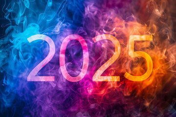 2025 number in colorful haze. New Year background. Number 2025 in colored smoke glows brightly, creating festive New Year backdrop. Perfect design for celebrating the upcoming year. Foggy background.