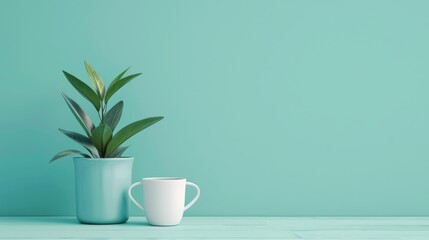 A potted plant and a cup of coffee are placed on a table indoors