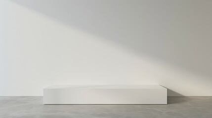 Fototapeta premium Podium product placement natural sunlight shadow on white plaster wall background. Space for text. Studio branding interior concept. Pedestalfor overlay on product presentation, 3d render