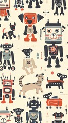 A seamless pattern of cute retro robots and dogs in a cream, red, and blue color scheme.