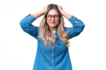 Young Uruguayan woman over isolated background frustrated and covering ears