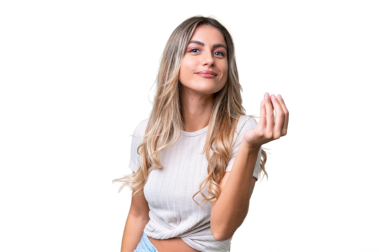 Young Uruguayan woman over isolated background making Italian gesture
