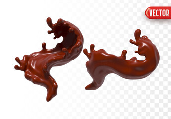 Two dynamic splashes of brown chocolate liquid, background isolated. Fluid motion is captured with realistic 3D effects showing smooth texture and natural flow of liquid. vector illustration