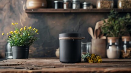 In a kitchen, there is a dark jar placed on a wooden table - Powered by Adobe