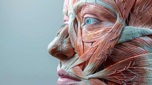 Anatomical cross section of female face muscle anatomy model, skin and muscles. Hyper realistic 3D rendering in the style of muscle anatomy.