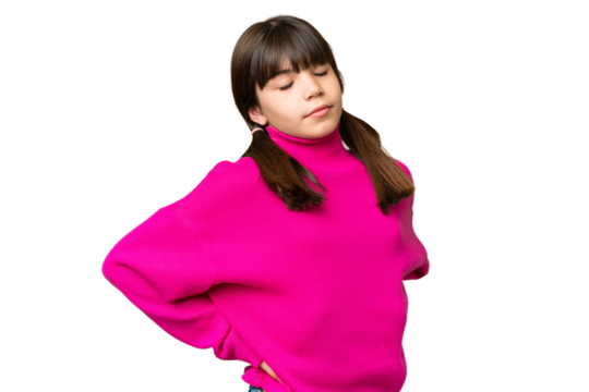 Little caucasian girl over isolated background suffering from backache for having made an effort