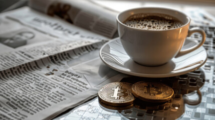 Cryptocurrency Coin with Newspaper on Shiny Surface Table
