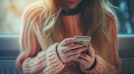 Fototapeta premium Engaged Woman Texting in Casual Setting