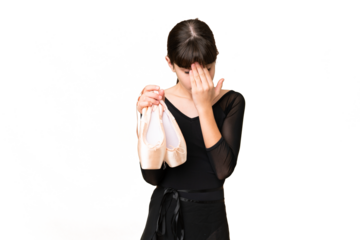 Little caucasian girl practicing ballet over isolated background with tired and sick expression