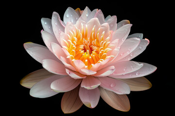 Close up of Dewy Pink Lotus Flower against Black Background