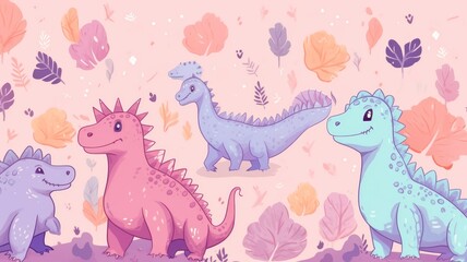 hand painted doodle background, cute  Pachycephalosaurus theme pastel color