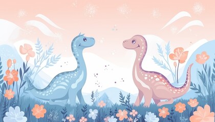 hand painted doodle background, cute  Parasaurolophus theme pastel color