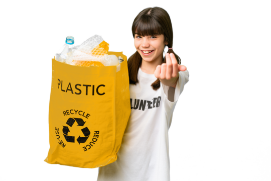 Little caucasian girl holding a bag full of plastic bottles to recycle over isolated background inviting to come with hand. Happy that you came