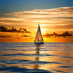 Fototapeta premium A serene scene of a sailboat sailing on the ocean at sunset, with the sun setting behind the boat and casting a warm glow over the water.